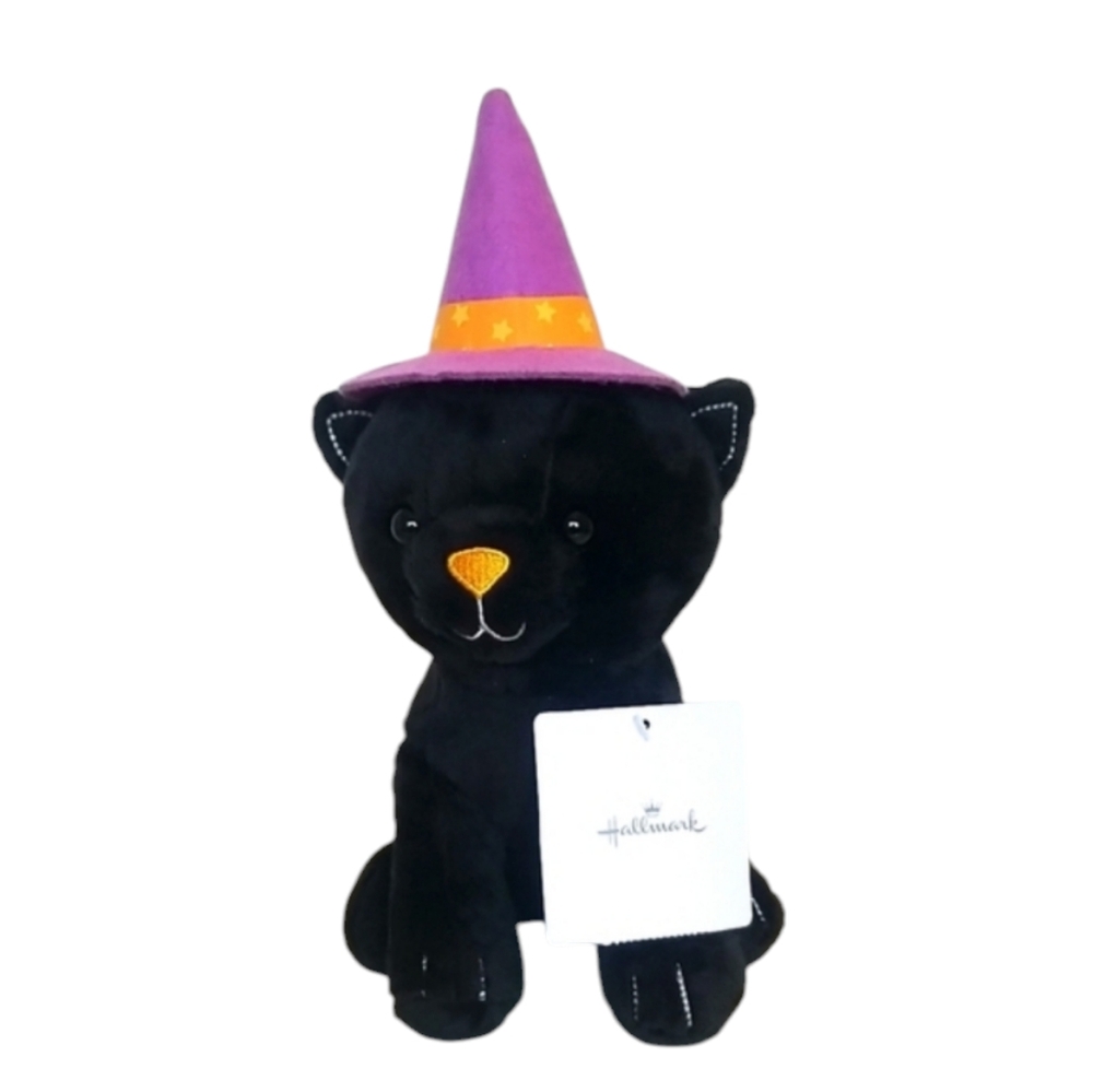 NEW Hallmark Halloween Black Cat Plush wearing Witch Hat Plush
